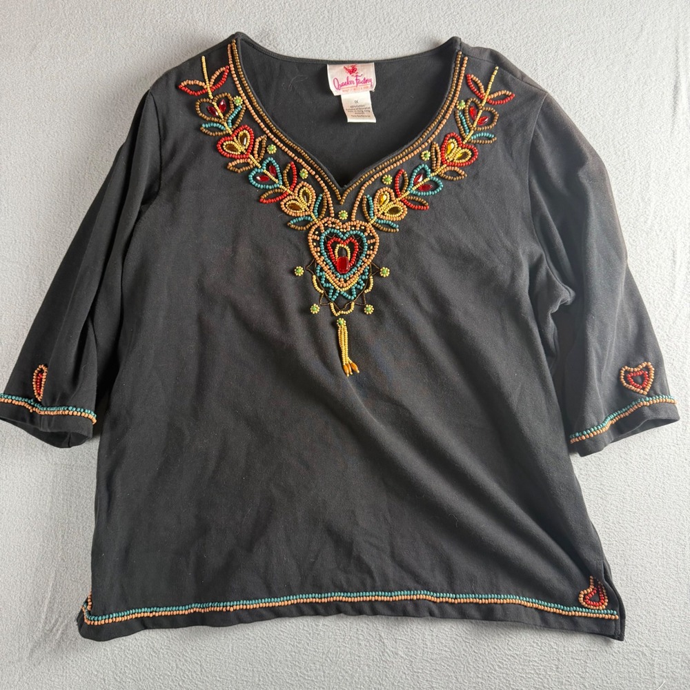 Quacker Factory Boho Festival Black Cotton Beaded V-Neck Top Womans 1X
